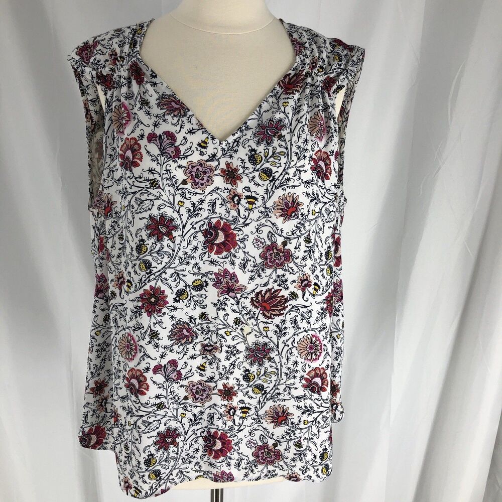 LOFT Women’s Sleeveless Floral Blouse Size XL White Tank Top